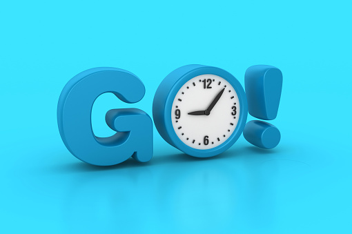 3D Word GO! with Clock - Color Background - 3D Rendering