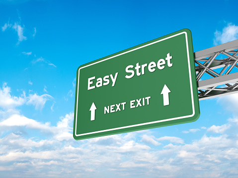Highway sign with EASY STREET on Sky - Sky Background - 3D rendering