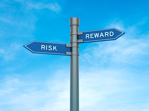 Directional Sign with Risk Reward Words - Sky Background - 3D Rendering