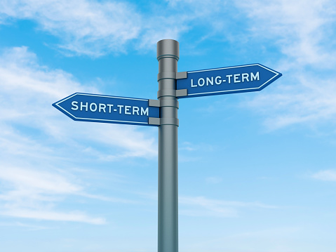 Directional Sign with Short-Term Long-Term Words - Sky Background - 3D Rendering
