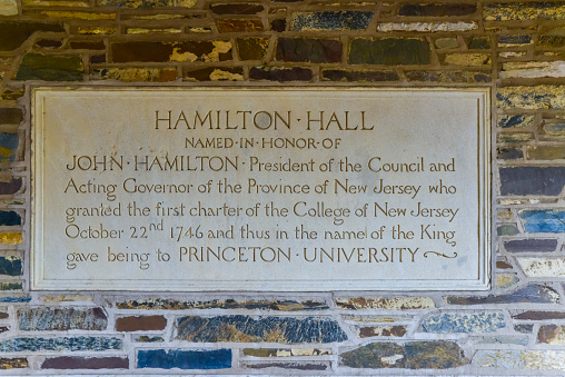 PRINCETON, NJ USA - NOVENBER 12, 2019: Hamilton Hall information plate on the walls of the educational building at Princeton University. New Jersey