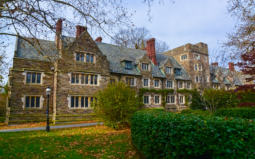 Princeton, USA - May 1, 2021. Students walking in the campus of Princeton University, Princeton, New Jersey, USA.