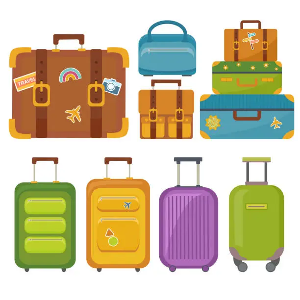 Vector illustration of Set of different travel suitcases. Vector illustration in flat style.