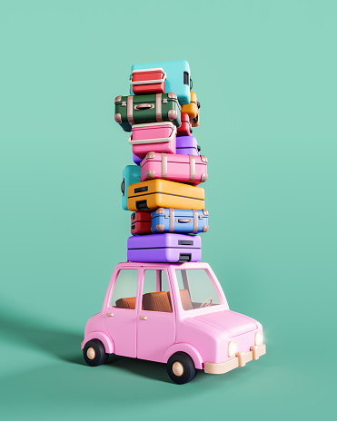 Cute pink toy car with luggage on the roof ready for travel on turquoise blue background. 3D Rendering, 3D Illustration