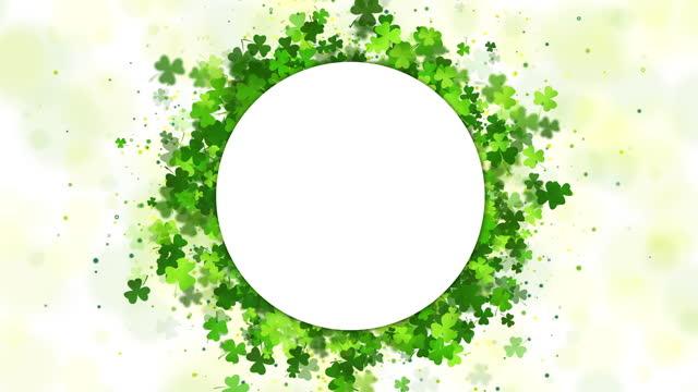 St. Patrick's Day background. Round frame for text. Greeting card with animated clover leaves. Looped motion graphics.