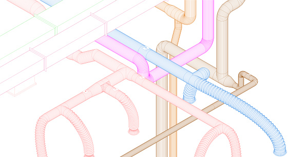BIM (Building Information Modeling) ventilation system design 3d illustration.