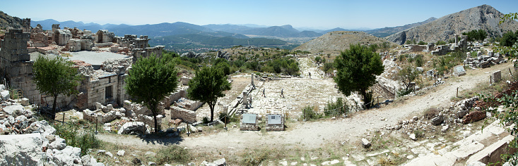 The panoramic aerial view of Sagalassos ancient city archaeological site with the Hill of Alexander on the right (Turkey).