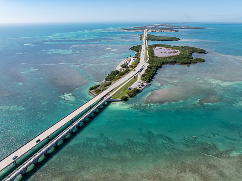 Aerial photo of Florida's Overseas Highway and the Seven Mile Bridge.