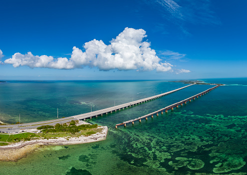 Aerial photo of Florida's Overseas Highway and the Old Bahia Honda Bridge in the Florida Keys.