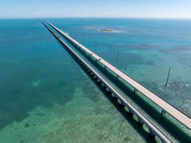 Aerial photo of Florida's Overseas Highway and the Seven Mile Bridge.