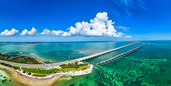 Aerial photo of Florida's Overseas Highway and the Old Bahia Honda Bridge in the Florida Keys.