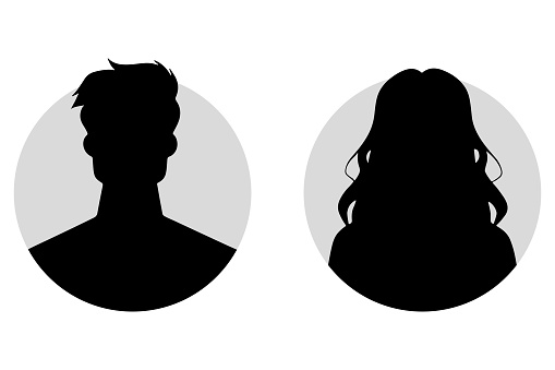 This vector illustration features male and female face silhouettes designed as avatars or profiles for unidentified or anonymous individuals. The artwork includes portraits of a man and a woman.