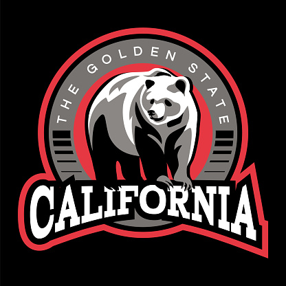 The Golden state California. Label with illustration of bear on black background