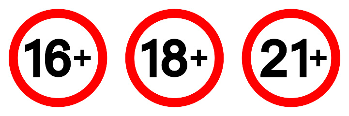 This is a set of age limit signs, featuring warning and censorship symbols isolated on a white background. The icons include age restrictions such as 16 plus, 18 plus, and 21 plus, indicating content suitable for older adults. The set emphasizes the only age restriction for mature or adult content and is presented as vector icons.