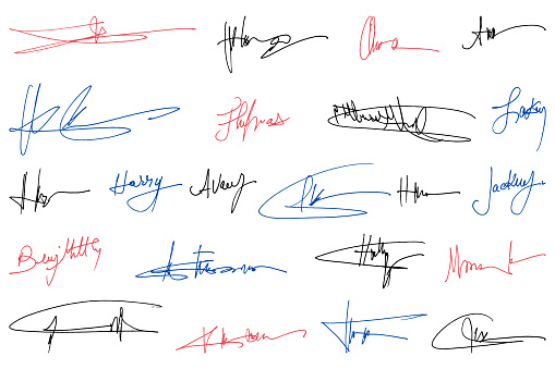 Handwritten set of inked autographs. Collection of imaginary scribble signatures.