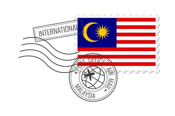 Vector illustration of Malaysia postage stamp. Postcard vector illustration with Malaysia national flag isolated on white background.