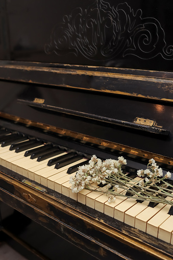 white flowers statice or limonium sinuatum lie on an old shabby piano. holiday greeting card with copy space