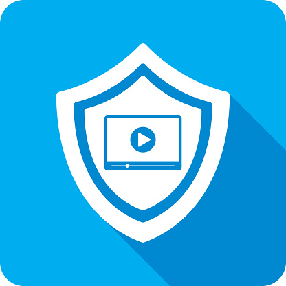 Vector illustration of a shield with video player icon against a blue background in flat style.