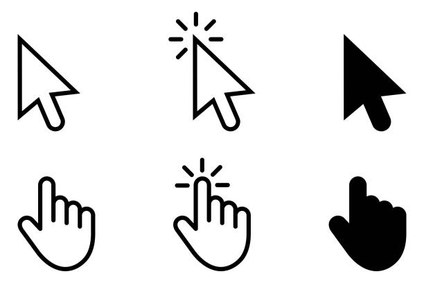 computer-mausklick cursor graue pfeilsymbole setzen und laden symbole. flaches cursor-symbol. vektor-illustration. mausklick-cursor-sammlung. klicken sie mit der hand, dem fingersymbol, dem mauszeiger. - cursor stock-grafiken, -clipart, -cartoons und -symbole
