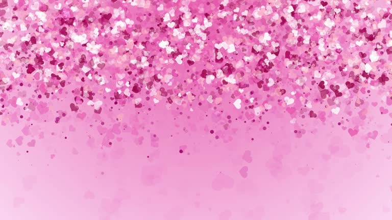 Pink love falling confetti from small particles of hearts. Romantic holiday animation. Looped motion graphics. Copy space.