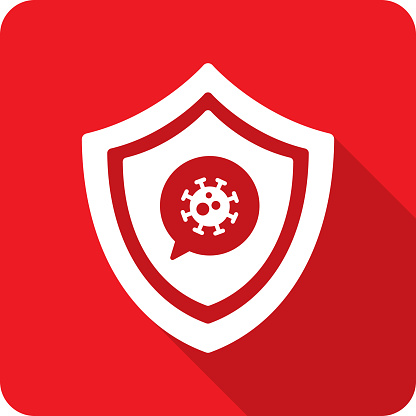 Vector illustration of a shield and speech bubble with virus icon against a red background in flat style.