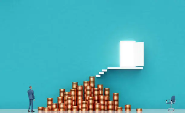 Photo of Businessman stay next to coin stacks and trying to get to the open door. Business environment concept with stairs representing career, advisory, growth, success, solution and achievement.