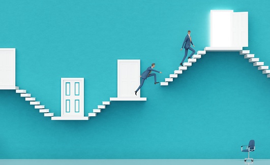 Businessman taking a risk, jumping between platforms in order to get better position.g Business environment concept with stairs and opened door, representing career, success, solution and achievement.