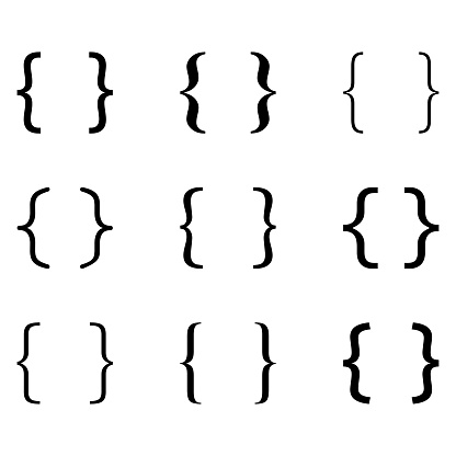 This set features black brackets, including curly braces and double symmetric brackets. It is a vector kit of typography symbols, offering pairs of brackets that can be used as frames for punctuation, mathematical elements, or to signify text quotes.