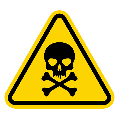 This yellow triangular sign features a danger poison symbol with a skull and crossbones mark. It serves as a warning icon for toxicity, electricity, or chemical hazards, embodying a triangle symbol commonly associated with potential danger or death.