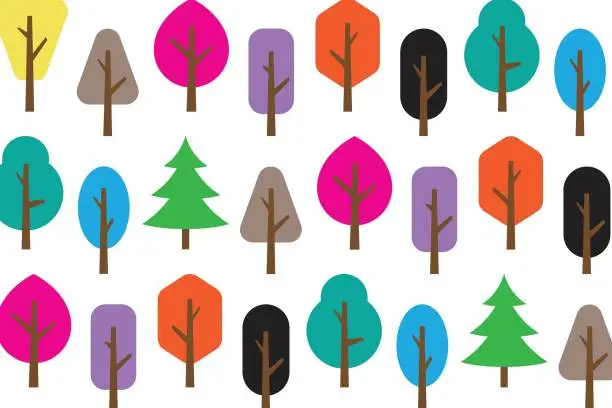 Vector illustration of A forest of colorful trees such as spruce, oak and others. The illustration in a simple style is separated from the background.