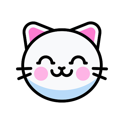 Vector illustration of a cute white cat face against a white background in line art style.
