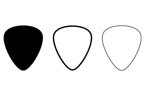 This is a set of guitar pick icons, showcasing various versions in a flat design. The vector illustration features guitar pick designs, including both solid and line variations. The set is isolated on a white background, offering options for versatile use in music-related contexts.