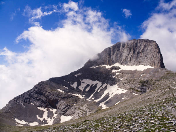 istock Olympus Mountain peak in blue sky and white clouds 1978570775