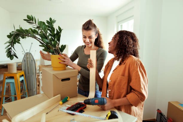 istock Young female couple having fun while moving in their new apartment 1978624517