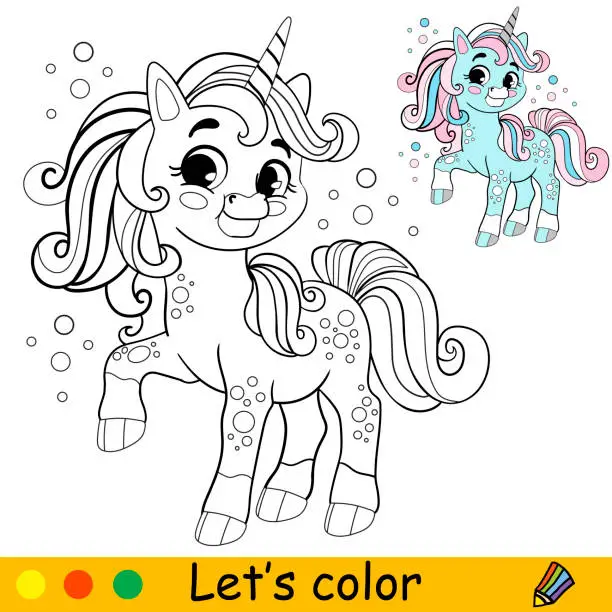 Vector illustration of Happy cute unicorn coloring pages for kids