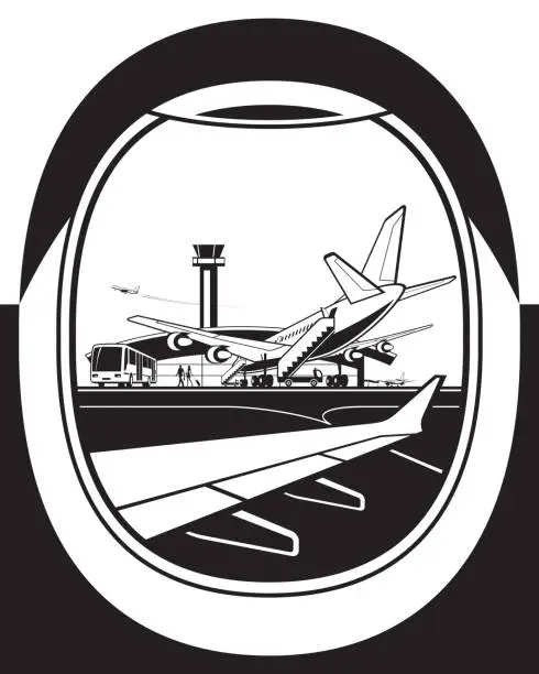Vector illustration of View to airport from window of aircraft