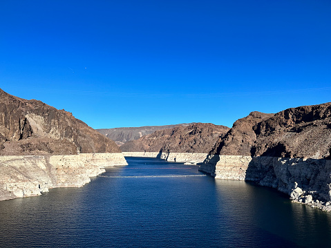 Low water level due to drought. View of Lake Mead from the Hoover Dam.