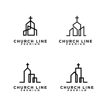 Church bulding line icon set. Icons of christian religion. Flat style design