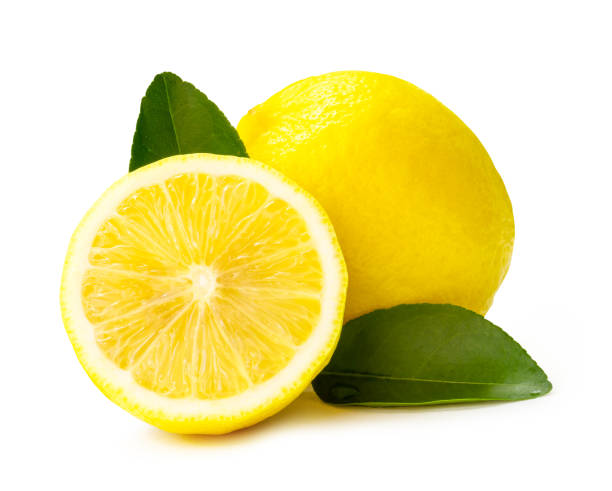 istock Front view and close up of fresh yellow lemon fruit with half and leaves isolated on white background with clipping path 1978704574