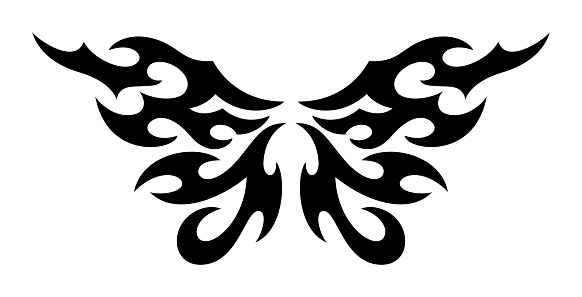 Neo Tribal Tattoo Wings. Y2K Tattoo Butterfly. Vector Black Emo Gothic Illustration in Cyber Sigilism 2000s Style for Poster, T-shirt Print, Stickers, Web Design, Social Media