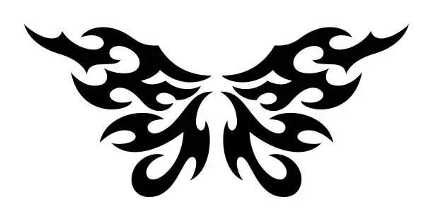 Vector illustration of Neo Tribal Tattoo Wings. Y2K Tattoo Butterfly. Vector Black Emo Gothic Illustration in Cyber Sigilism 2000s Style