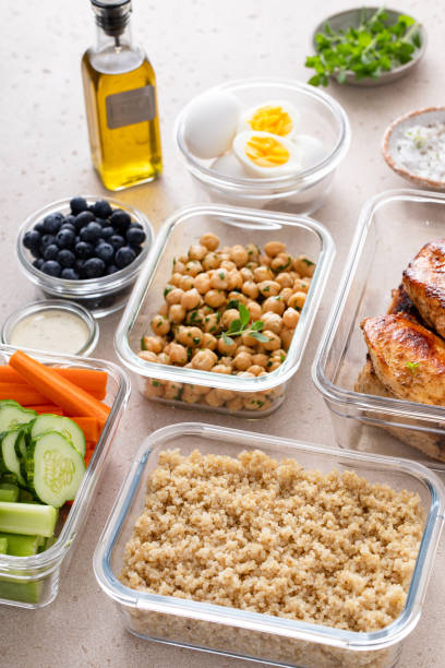 istock High protein healthy lunch meal prep in containers with chicken, quinoa, herbed chickpeas, vegetables and eggs 1978755663