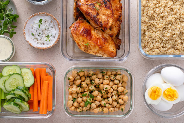 istock High protein healthy lunch meal prep in containers with chicken, quinoa, herbed chickpeas, vegetables and eggs 1978755676