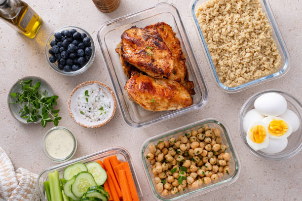 istock High protein healthy lunch meal prep in containers with chicken, quinoa, herbed chickpeas, vegetables and eggs 1978755863