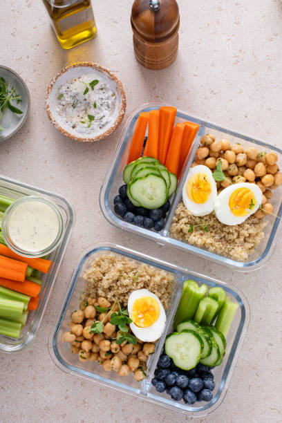 istock Vegetarian lunch meal prep containers high protein with quinoa, herbed chickpeas, vegetables and eggs 1978756185