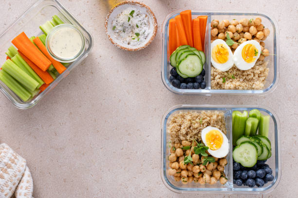 istock Vegetarian lunch meal prep containers high protein with quinoa, herbed chickpeas, vegetables and eggs 1978756189