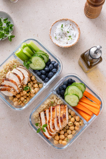 istock High protein healthy lunch meal prep in containers with chicken, quinoa, herbed chickpeas, vegetables and eggs 1978756202