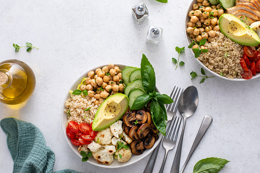 Healthy high protein lunch bowls, vegan plant-based with mushrooms and chicken options
