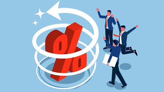 Profits or earnings continue to rise, taxes, increasing interest rates, financial growth, inflationary concepts, isometric spirals with arrows encircling rising percentage signs