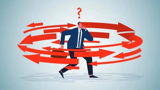 Vector illustration of Decisions and Choices, Choice of Career or Business Direction, Finding the Right Direction or Opportunity, Businessman Confused Looking at the Confusing Group of Arrows Surrounding Him